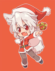 Rule 34 | 1girl, :d, animal ear fluff, animal ears, belt, black footwear, boots, brown pants, chibi, fang, full body, gift, hat, holding, holding gift, inubashiri momiji, long sleeves, looking at viewer, open mouth, orange background, outline, outstretched arm, pants, red eyes, santa costume, santa hat, short hair, simple background, smile, solo, susagane, tail, touhou, white hair, white outline, wolf ears, wolf girl, wolf tail