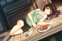 Rule 34 | 1girl, bare shoulders, barefoot, breasts, brown eyes, brown hair, camisole, cleavage, collarbone, dutch angle, face, food, fruit, looking at viewer, lying, off shoulder, on side, original, parsley-f, pillow, plate, skirt, solo, strap slip, veranda, watermelon