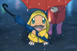 Rule 34 | 1other, boots, charmander, coat, commentary request, creatures (company), enohito, fangs, flame-tipped tail, game freak, gen 1 pokemon, green eyes, holding, holding umbrella, long sleeves, looking at viewer, looking up, nintendo, open mouth, pink footwear, pokemon, pokemon (creature), rain, raincoat, red coat, red umbrella, ripples, rubber boots, tongue, umbrella, yellow raincoat