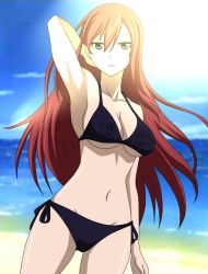 Rule 34 | 1girl, arm at side, arm up, armpits, arms behind head, barefoot, beach, bikini, black bikini, breasts, brown eyes, cleft of venus, clenched hands, collarbone, curvy, day, erza scarlet, eyelashes, fairy tail, feet, female focus, fingernails, hair between eyes, half-closed eyes, large breasts, legs, light rays, long hair, looking at viewer, midriff, navel, neck, ocean, outdoors, parted lips, recolor, red hair, serious, shiny skin, side-tie bikini bottom, side bangs, sidelocks, sky, standing, straight hair, summer, sunlight, swimsuit, thighs, third-party edit, toenails, toes, underboob, water