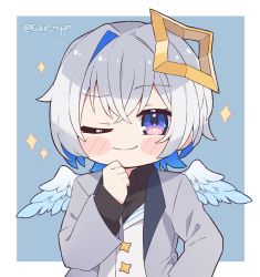 Rule 34 | 1girl, ;), amane kanata, androgynous, angel, asymmetrical hair, blue hair, blush stickers, chibi, closed mouth, colored inner hair, commentary, english commentary, formal, hololive, kukie-nyan, looking at viewer, multicolored hair, one eye closed, purple eyes, short hair, silver hair, single hair intake, smile, solo, sparkle, suit, twitter username, upper body, virtual youtuber