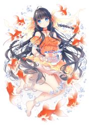 Rule 34 | 1girl, animal, bad id, bad pixiv id, bare shoulders, barefoot, black hair, blue eyes, blush, bowl, bubble, choker, collarbone, commentary request, dress, feet, fish, fishbowl, full body, goldfish, hair ribbon, head tilt, highres, holding, holding bowl, jewelry, levka, long hair, looking at viewer, necklace, orange choker, orange dress, orange ribbon, original, parted lips, pearl necklace, puffy short sleeves, puffy sleeves, ribbon, short sleeves, solo, very long hair, water, white background