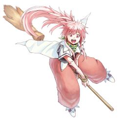 Rule 34 | 1girl, arche klein, belt, bracelet, broom, elbow gloves, full body, gloves, jewelry, long hair, looking at viewer, neko (hansinn), open mouth, pants, pink eyes, pink hair, ponytail, simple background, smile, solo, tales of (series), tales of phantasia, white background, wide ponytail
