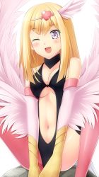Rule 34 | 1girl, ;d, absurdres, asymmetrical clothes, bad id, bad pixiv id, bare shoulders, blonde hair, blush, breasts, cleavage, duel monster, feathers, hair ornament, harpie girl (yu-gi-oh!), harpy, head wings, heart, heart hair ornament, highres, komimiyako, long hair, midriff, monster girl, navel, one eye closed, open mouth, pantyhose, purple eyes, red thighhighs, rock, simple background, single leg pantyhose, sitting, smile, solo, thighhighs, underboob, white background, winged arms, wings, wink, yu-gi-oh!, yu-gi-oh! 5d&#039;s, yu-gi-oh! duel monsters