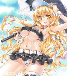 Rule 34 | 1girl, :d, arm up, artist name, at classics, belt, black skirt, blonde hair, blush, bow, breasts, covered erect nipples, cowboy shot, hair between eyes, hair bow, hand on headwear, holding, kirisame marisa, large breasts, long hair, looking at viewer, microskirt, midriff, navel, open mouth, panties, parasol, pleated skirt, race queen, sample watermark, sidelocks, single thighhigh, skirt, smile, solo, star (symbol), stomach, thighhighs, touhou, traditional media, umbrella, underboob, underwear, very long hair, watermark, wavy hair, white bow, white panties, wrist cuffs, yellow eyes