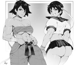 Rule 34 | 2girls, abs, absurdres, ass, bandaged wrist, bandages, belt, black belt, blush, breasts, capcom, dark-skinned female, dark skin, female focus, fingerless gloves, gloves, greyscale, grin, headband, highres, kasugano sakura, large breasts, looking at viewer, looking back, makoto (street fighter), midriff, monochrome, multiple girls, muscular, muscular arms, muscular female, scarf, short hair, skirt, smile, speedl00ver, street fighter, street fighter iii (series), street fighter iv (series), street fighter zero (series), tagme, thick thighs, thighs, tomboy, toned, toned stomach, underboob