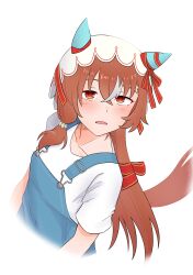 Rule 34 | 1girl, absurdres, alternate costume, animal ears, blush, breasts, brown hair, casual, collarbone, commentary request, hair between eyes, hair ornament, highres, horse ears, horse girl, horse tail, matsuba mattsu, open mouth, portrait, simple background, small breasts, solo, still in love (umamusume), tail, umamusume, veil, white background
