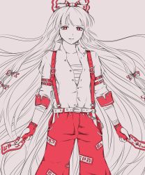 Rule 34 | 1girl, bandaged arm, bandages, belt, bow, bright pupils, buckle, collarbone, collared shirt, cowboy shot, fingerless gloves, fujiwara no mokou, gloves, hair bow, highres, igyouhime, long hair, monochrome, ofuda, open clothes, open shirt, pants, red eyes, red pants, sarashi, shirt, solo, suspenders, touhou, very long hair, white pupils