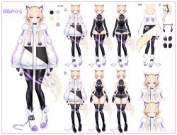 Rule 34 | 1girl, :d, ^ ^, animal ear fluff, animal ears, animal hood, black thighhighs, blonde hair, boots, breasts, chain, character sheet, closed eyes, clothing cutout, full body, guild cq, headphones, heart cutout, highres, hood, hood down, jacket, large breasts, long sleeves, matori kakeru, open mouth, rucaco, short hair with long locks, smile, tail, thigh boots, thighhighs, virtual youtuber