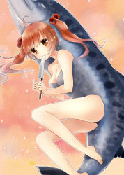 Rule 34 | 1girl, animal costume, barefoot, blush, breasts, brown eyes, cleavage, covering own mouth, fish, hair bobbles, hair ornament, highres, kitchen knife, knife, looking at viewer, non-web source, orange background, personification, pink hair, salmon-chan, salmon-chan (character), salmon (fish), simple background, sparkle, stitched, third-party edit, toes, twintails