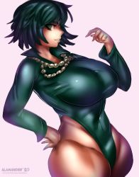 Rule 34 | 1girl, alamander, breasts, curvy, dark green hair, dress, fubuki (one-punch man), green dress, green eyes, green hair, green leotard, highres, impossible clothes, jewelry, large breasts, leotard, looking to the side, necklace, one-punch man, shiny skin, short hair, signature, simple background, smile, thick thighs, thighs, white background