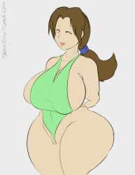 Rule 34 | 1girl, adapted costume, arms behind back, arms behind head, arms up, artist name, ass, blush, breasts, brown eyes, brown hair, cleavage, cleft of venus, clorized, creatures (company), curvy, delia ketchum, game freak, green one-piece swimsuit, highleg, highleg swimsuit, huge ass, huge breasts, large breasts, long hair, looking at viewer, low ponytail, nintendo, one-piece swimsuit, one eye closed, open mouth, parted bangs, partially visible vulva, plump, pokemon, pokemon (anime), pokemon (classic anime), pokemon ep018, ponytail, sanka-tetsu, simple background, skindentation, smile, solo, swimsuit, thick thighs, thighs, third-party edit, upper body, wink