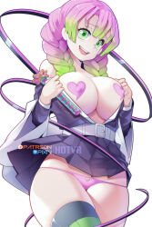 Rule 34 | 1girl, artist name, belt, black skirt, braid, breasts, commentary, english commentary, gradient hair, green eyes, green hair, grey belt, heart pasties, highres, hot vr, kanroji mitsuri, kimetsu no yaiba, large breasts, looking at viewer, mole, mole under each eye, mole under eye, multicolored hair, multiple moles, open mouth, pasties, patreon username, pink hair, pixiv username, simple background, skirt, smile, solo, teeth, thighhighs, twin braids, two-tone hair, upper teeth only, white background