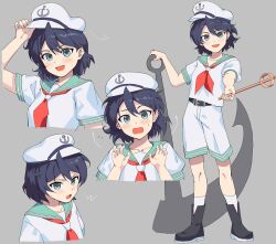 Rule 34 | 1girl, :o, absurdres, anchor, anchor symbol, asuka shirou, belt, black belt, black footwear, blush, embarrassed, green eyes, green sailor collar, grey background, hand on headwear, happy, hat, highres, horned hat, multiple views, murasa minamitsu, neckerchief, open mouth, puffy short sleeves, puffy sleeves, red neckerchief, sailor, sailor collar, sailor hat, sailor shirt, shirt, short hair, short sleeves, shorts, simple background, socks, standing, touhou, white hat, white shirt, white shorts, white socks