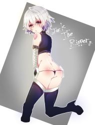 Rule 34 | 1girl, abe suke, ahoge, ass, bandaged arm, bandages, black footwear, black panties, boots, butt crack, character name, closed mouth, fate/apocrypha, fate/grand order, fate (series), from behind, green eyes, high heels, highres, jack the ripper (fate/apocrypha), looking at viewer, looking back, multicolored background, panties, scar, scar across eye, scar on face, short hair, shoulder tattoo, solo, tattoo, thigh boots, thighhighs, transparent background, two-tone background, underwear, white hair