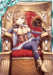 Rule 34 | 1girl, ahoge, akkijin, bare shoulders, black thighhighs, blonde hair, bored, breasts, card (medium), clock, clockwork, corset, female focus, full body, gloves, holding, long hair, looking at viewer, open mouth, orange eyes, shinkai no valkyrie, sitting, small breasts, solo, staff, thighhighs, throne, weapon