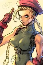 Rule 34 | 1girl, blonde hair, braid, breasts, cammy white, capcom, closed mouth, commentary request, covered navel, fingerless gloves, gloves, green eyes, green leotard, hand up, hat, hungry clicker, large breasts, leotard, long hair, looking at viewer, red gloves, red hat, salute, scar, single braid, solo, street fighter, twin braids, yellow background