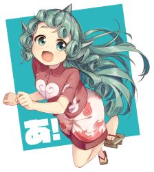 Rule 34 | 1girl, :d, a (phrase), bare legs, blue background, breasts, collared shirt, curly hair, fang, full body, geta, green eyes, green hair, highres, horns, kariyushi shirt, komano aunn, ksk (semicha keisuke), leg up, long hair, looking at viewer, medium breasts, open mouth, paw pose, red shirt, shirt, short sleeves, shorts, single horn, smile, solo, standing, standing on one leg, tareme, thick eyebrows, touhou, two-tone background, white background, white shorts