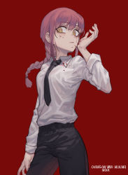 Rule 34 | 1girl, absurdres, black necktie, black pants, blood, blood on clothes, blood on face, braid, braided ponytail, breasts, chainsaw man, character name, closed mouth, collared shirt, commentary, copyright name, cowboy shot, dress shirt, highres, long sleeves, looking at viewer, makima (chainsaw man), max-k, medium breasts, medium hair, necktie, pants, red background, red hair, ringed eyes, shirt, simple background, solo, symbol-only commentary, white shirt, wing collar, wiping face, yellow eyes