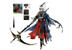 Rule 34 | 1boy, absurdres, bird, bird request, black hair, black hat, black necktie, black tabard, blue robe, chinese clothes, chinese commentary, closed mouth, collared shirt, color guide, colored tips, commentary request, full body, hair between eyes, hat, highres, holding, holding scythe, looking at viewer, male focus, mechanical arms, mechanical legs, multicolored hair, necktie, original, personification, r0 alin, red eyes, red skirt, reference inset, robe, scythe, shirt, simple background, single sleeve, skirt, smile, solo, tabard, weibo watermark, white background, white hair, white undershirt