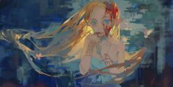 Rule 34 | 1girl, absurdres, bare shoulders, blonde hair, blood, blood in hair, blood on face, blue eyes, breasts, cleavage, dress, finger in own mouth, gold bracelet, highres, long hair, looking at viewer, medium breasts, nintendo, parted bangs, parted lips, pointy ears, princess zelda, solo, strapless, strapless dress, the legend of zelda, the legend of zelda: breath of the wild, upper body, white dress, xiangzizg