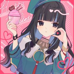 Rule 34 | 1388chan, 1girl, bare shoulders, beret, black hair, blue hair, blush, bracelet, colored inner hair, cupcake, fate/grand order, fate (series), food, green hat, green jacket, grey eyes, hat, heart, heart hands, heart in heart hands, highres, jacket, jewelry, long hair, looking at viewer, multicolored hair, neck ring, solo, tenochtitlan (fate), tenochtitlan (second ascension) (fate), two-tone hair