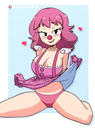 Rule 34 | 1girl, ace attorney, alternate breast size, black eyes, blue background, blush, border, breasts, choker, cleavage, clothes lift, clown, clown nose, commentary, elbow gloves, english commentary, full body, geiru toneido, gloves, heart, highres, large breasts, lifting own clothes, looking at viewer, medium hair, navel, nose blush, outside border, pac-man eyes, panties, patreon username, phoenix wright: ace attorney - spirit of justice, pink gloves, pink panties, pink skirt, rainbow print, shoulder pads, sitting, skirt, skirt lift, solo, suspender skirt, suspenders, thighs, tobias wheller, tongue, tongue out, underwear, wariza, white border