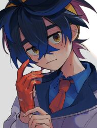 Rule 34 | 1boy, adjusting clothes, adjusting gloves, black hair, blue hair, blue shirt, closed mouth, collared shirt, creatures (company), crossed bangs, game freak, gloves, hair between eyes, hatemadeimym, highres, jacket, kieran (pokemon), looking at viewer, male focus, mole, mole on neck, necktie, nintendo, orange eyes, partially fingerless gloves, pokemon, pokemon sv, purple hair, red gloves, shirt, simple background, single glove, solo, upper body