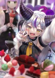 Rule 34 | 1girl, drowpan4 23, grey hair, highres, hololive, horns, la+ darknesss, long hair, looking at viewer, multicolored hair, open mouth, smile, solo, streaked hair, virtual youtuber, yellow eyes