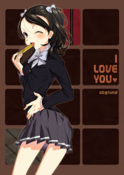 Rule 34 | 1girl, bad id, bad pixiv id, black hair, bow, box, brown eyes, chocolate, cover, cover page, hair bow, heart, jacket, one eye closed, open mouth, original, saikawa yusa, school uniform, short hair, skirt, smile, solo, twintails, wink