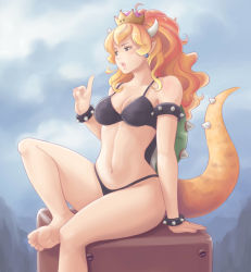 Rule 34 | 1girl, armlet, bikini, black bikini, blonde hair, blue eyes, blurry, blurry background, bowsette, bracelet, breasts, cleavage, earrings, facing viewer, highres, horns, jewelry, long hair, looking to the side, mario (series), medium breasts, navel, new super mario bros. u deluxe, ninjaham, nintendo, open mouth, pointy ears, sitting, solo, spiked armlet, spiked bracelet, spiked shell, spiked tail, spikes, super crown, swimsuit, tail