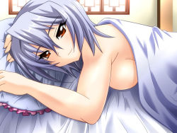 Rule 34 | 1girl, afterglow, bed, bed sheet, breasts, kayuu, koihime musou, large breasts, looking at viewer, lying, naked sheet, on bed, pillow, pov across bed, red eyes, sideboob, silver hair, smile, solo, under covers, yagami (artist), yagami (mukage)