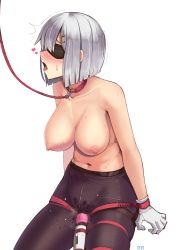 Rule 34 | 1girl, absurdres, bdsm, black pantyhose, blindfold, blue eyes, blush, bondage, bound, bound wrists, breasts, collar, collarbone, crotch seam, gloves, hair ornament, hairclip, hamakaze (kancolle), heart, highres, hitachi magic wand, kaddo, kantai collection, large breasts, leash, massager, navel, nipples, open mouth, pantyhose, pussy juice, red rope, rope, sex toy, short hair, silver hair, simple background, solo, sweat, tongue, tongue out, topless, vibrator, wet, wet clothes, wet pantyhose, white background, white gloves