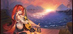 Rule 34 | 1girl, ass, barefoot, beach, blush, boardwalk, bra, breasts, building, butt crack, can, cleavage, from behind, full body, guitar, hair ornament, hairclip, highres, instrument, jewelry, lantern, last origin, long hair, looking back, may of doom, necklace, official art, outdoors, paintale, purple eyes, red hair, short shorts, shorts, solo, sunset, sweat, thong, tree, underwear, very long hair, water, wind turbine, windmill