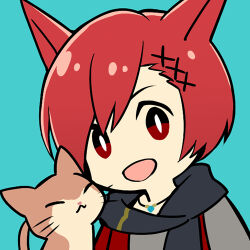 Rule 34 | 1boy, :d, animal ears, aqua background, black scarf, cat, cat boy, cat ears, chibi, chibi only, final fantasy, final fantasy xiv, g&#039;raha tia, jewelry, looking at viewer, lowres, male focus, miqo&#039;te, morumoru (kuromrmr), necklace, open mouth, portrait, red eyes, red hair, scarf, short hair, smile, solo