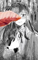 Rule 34 | blurry, blurry foreground, blush, cellphone, closed mouth, collared shirt, commentary request, greyscale, highres, holding, holding phone, koori chikage, koyomania, leaf, long hair, long sleeves, looking at another, monochrome, neck ribbon, nogi wakaba wa yuusha de aru, phone, ribbon, shirt, single hair ring, smartphone, spot color, upper body, yuusha de aru