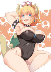 Rule 34 | 1girl, absurdres, aqua eyes, areola slip, arm behind head, armpits, bare shoulders, black leotard, blush, bowsette, breasts, brooch, cleavage, collar, covered navel, earrings, fang, highleg, highleg leotard, highres, hip focus, horns, impossible clothes, impossible leotard, jewelry, knees, large breasts, leotard, mario (series), navel, new super mario bros. u deluxe, nintendo, patterned background, ponytail, sesield, short hair, smile, solo, spiked collar, spiked shell, spikes, strapless, strapless leotard, super crown, tail, thighs, toned, white background