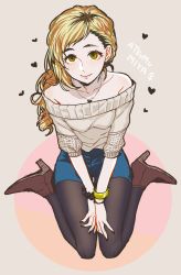 Rule 34 | 1girl, ankle boots, bad id, bad pixiv id, beige sweater, black nails, black pantyhose, blonde hair, blue shorts, boots, bracelet, breasts, brown footwear, character name, closed mouth, eyebrows, eyelashes, fashion, genderswap, genderswap (mtf), haikyuu!!, heart, heart necklace, high heel boots, high heels, highres, jewelry, long hair, looking at viewer, medium breasts, miya atsumu, multicolored hair, nail polish, necklace, off-shoulder sweater, off shoulder, pantyhose, shorts, sitting, smile, solo, sorane901, sweater, two-tone hair, wariza