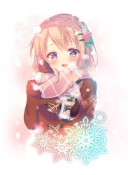 Rule 34 | 1girl, blush, can, coat, drink can, gochuumon wa usagi desu ka?, hair ornament, hairclip, holding, holding can, hoto cocoa, looking at viewer, mitsumomo mamu, mittens, open mouth, orange hair, pink scarf, purple eyes, red coat, red mittens, scarf, smile, snowflakes, soda can, solo, steam