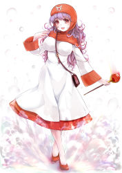 Rule 34 | 1girl, bag, breasts, curly hair, dragon quest, dragon quest ii, dress, full body, holding, hood, kntrs (knyrs), large breasts, long hair, long sleeves, looking at viewer, princess of moonbrook, purple hair, red eyes, red footwear, satchel, shoes, smile, solo, staff, standing