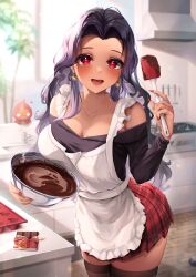 Rule 34 | 1girl, absurdres, apron, black hair, black shirt, blurry, blurry background, breasts, chocolate, collarbone, dark-skinned female, dark skin, earrings, heart, heart-shaped pupils, highres, holding utensil, jewelry, kitchen, large breasts, lil noot, long hair, looking at viewer, mascot, mixing bowl, mole, mole on breast, mole under eye, nijisanji, nijisanji en, off shoulder, open mouth, pink eyes, plaid, plaid skirt, red skirt, scarle yonaguni, shirt, sink, skirt, spatula, symbol-shaped pupils, thighhighs, twitter username, valentine, virtual youtuber, white apron