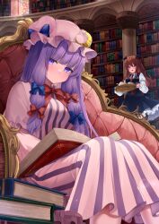 Rule 34 | 2girls, absurdres, black pantyhose, black skirt, black vest, black wings, blue bow, blush, book, bookshelf, bow, chair, closed mouth, collared shirt, crescent, crescent hat ornament, cup, demon wings, dress, frilled skirt, frills, hair between eyes, hair bow, hat, hat ornament, head wings, highres, holding, holding tray, koakuma, long hair, long sleeves, mob cap, multiple girls, necktie, open book, open mouth, pantyhose, patchouli knowledge, pink dress, pink headwear, purple eyes, purple hair, red bow, red eyes, red hair, red necktie, shirt, sidelocks, sitting, skirt, smile, striped clothes, striped dress, touhou, tray, usushio, vertical-striped clothes, vertical-striped dress, vest, white shirt, wings
