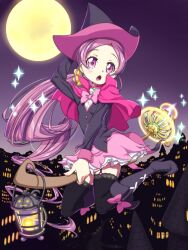 Rule 34 | 1girl, :o, black footwear, black thighhighs, blush, boots, broom, broom riding, capelet, choker, commentary request, dark background, eyelashes, full moon, hair ornament, hanasaki tsubomi, hat, heartcatch precure!, high heel boots, high heels, highres, knee boots, long hair, looking at viewer, matatabi (karukan222), moon, night, pink capelet, pink choker, pink eyes, pink hair, pink skirt, ponytail, precure, skirt, solo, thighhighs, thighs, witch, witch hat