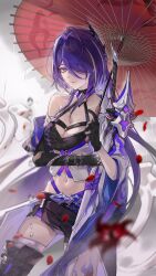 Rule 34 | 1girl, acheron (honkai: star rail), ahoge, armor, asymmetrical legwear, bandaged arm, bandaged leg, bandages, belt, black belt, black choker, black gloves, black shorts, boots, breasts, chain, chain around arm, choker, cleavage, closed mouth, coat, coattails, commentary, cowboy shot, criss-cross halter, crop top, earrings, flower, gloves, hair intakes, hair over one eye, halterneck, highres, holding, holding sword, holding umbrella, holding weapon, honkai: star rail, honkai (series), jewelry, large breasts, leg tattoo, leo795, long hair, looking at viewer, midriff, multicolored hair, navel, oil-paper umbrella, phone wallpaper, purple eyes, purple hair, rain, red flower, scabbard, sheath, sheathed, short shorts, shorts, shoulder armor, single bare shoulder, single thigh boot, single wide sleeve, solo, standing, streaked hair, sword, tattoo, thigh boots, thighs, umbrella, very long hair, wallpaper, water drop, weapon, white coat