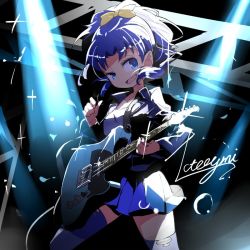 Rule 34 | 1girl, blue eyes, blue hair, blue skirt, blue thighhighs, bow, character name, electric guitar, female focus, guitar, hair bow, instrument, kirakira precure a la mode, music, open mouth, playing instrument, precure, shimazaki1152, skirt, solo, tategami aoi, thighhighs, yellow bow