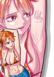 Rule 34 | 1girl, armpit focus, bikini, bikini top only, breasts, large breasts, mifenami, nami (one piece), one piece, orange eyes, orange hair