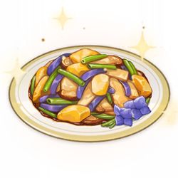 Rule 34 | artist request, commentary, english commentary, flower, food, food focus, game cg, genshin impact, lowres, mushroom, no humans, official art, plate, potato, purple flower, simple background, sparkle, spring onion, still life, third-party source, transparent background