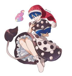 Rule 34 | absurdres, black capelet, black dress, blob, blue eyes, blue hair, book, capelet, commentary request, doremy sweet, dream soul, dress, frilled dress, frills, full body, grin, hat, highres, holding, holding book, looking at viewer, natsume (menthol), nightcap, nightgown, pointing, pom pom (clothes), red hat, short sleeves, simple background, smile, socks, solo, tail, tapir tail, touhou, two-tone dress, white background, white dress, white socks