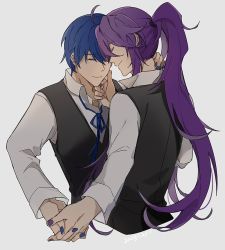 Rule 34 | 2boys, ahoge, black vest, blue hair, blue nails, blue ribbon, commentary, cropped torso, dated, closed eyes, formal, from behind, hand on another&#039;s chin, holding hands, kaito (vocaloid), kamui gakupo, long hair, male focus, multiple boys, nail polish, neck ribbon, ponytail, purple hair, purple nails, ribbon, shirt, smile, upper body, vest, vocaloid, white shirt, yaoi, yinnnn