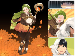 Rule 34 | 1boy, 1girl, blush, boots, braid, breasts, capelet, curvy, do m tensei! -otome game no sekai ni mob tensei shita rival reijou-tachi ga do s sugiru!-, feet, flower, full body, gradient background, green hair, hands up, head tilt, highres, holding, holding staff, huge breasts, large breasts, legs, long braid, long hair, looking at viewer, low-tied long hair, multiple views, open mouth, orange eyes, original, pantyhose, plump, pointy ears, sequential, simple background, single braid, skirt, staff, standing, tamabon (koutetsu shabondama), thick thighs, thighs, wide hips, wind